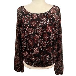 Harper 241 Floral Semi Sheer Mesh Sleeve Smocked Waist Blouse